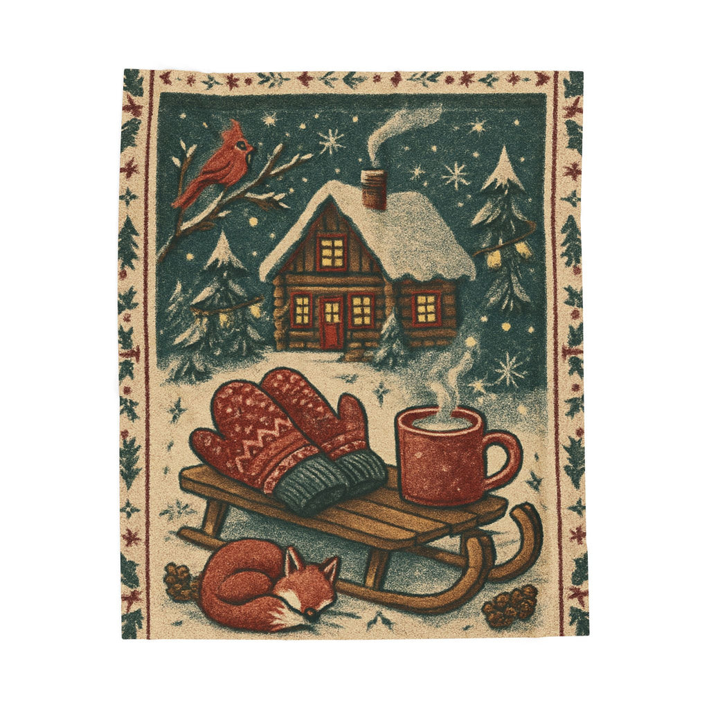 Velveteen Plush Blanket — Cozy Winter Cabin Throw with Sled, Mittens & Hot Cocoa Design