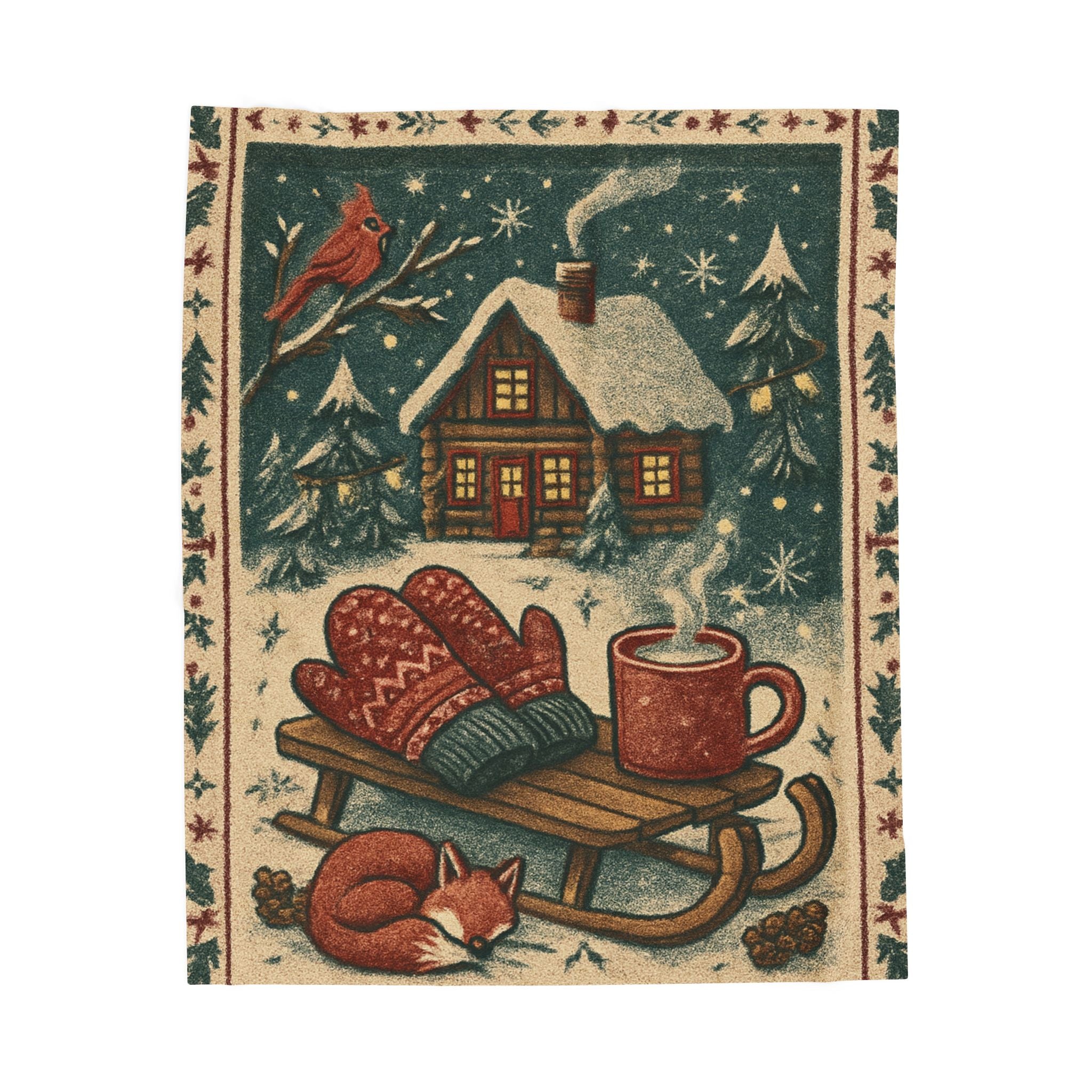 Velveteen Plush Blanket — Cozy Winter Cabin Throw with Sled, Mittens & Hot Cocoa Design