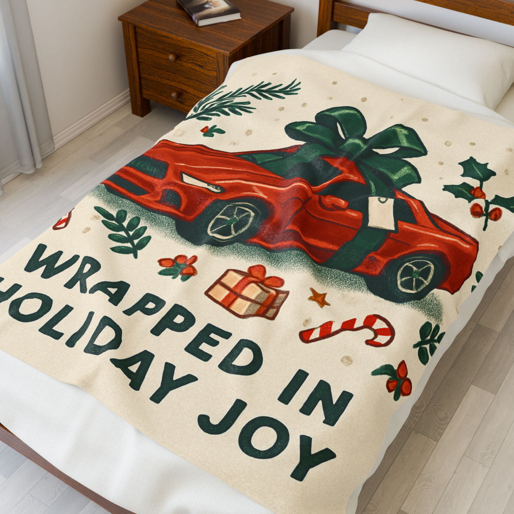 Holiday Car Throw Blanket — "Wrapped in Holiday Joy" Velveteen Plush Blanket