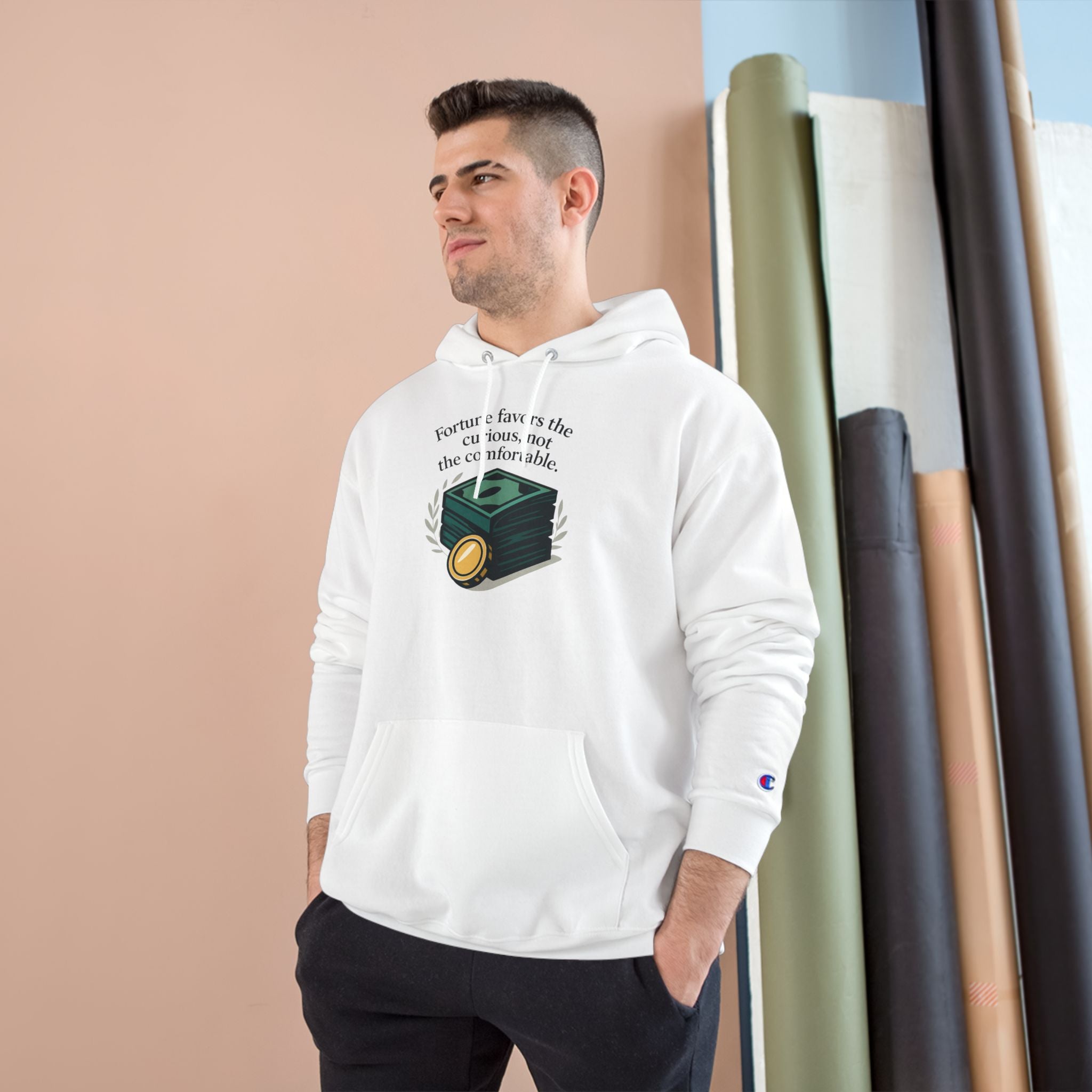 Champion Hoodie — "Fortune Favors the Curious, Not the Comfortable" Money Stack Graphic Hoodie