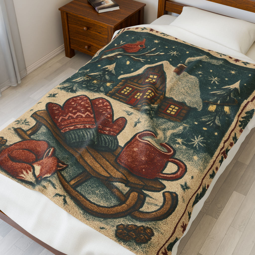 Velveteen Plush Blanket — Cozy Winter Cabin Throw with Sled, Mittens & Hot Cocoa Design