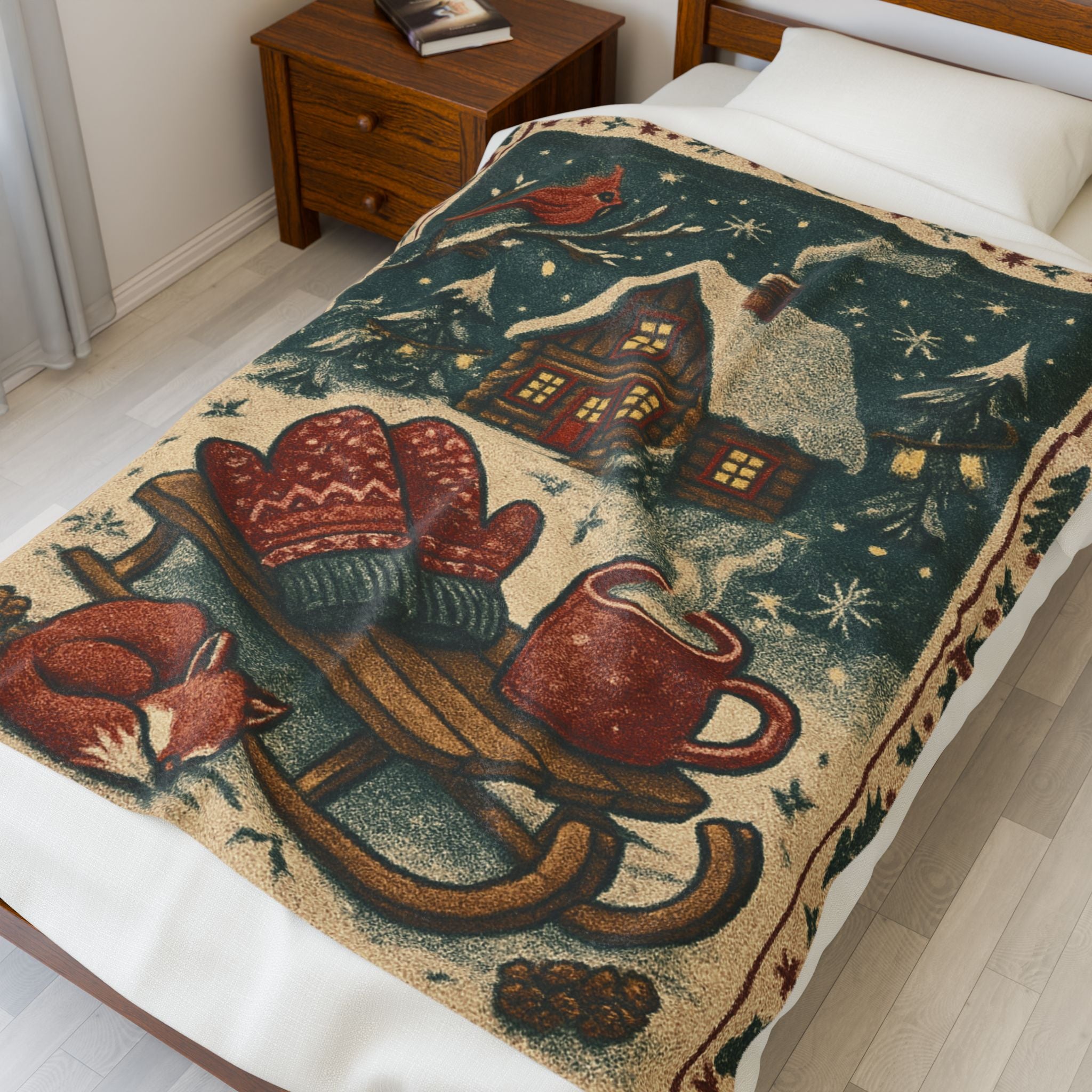 Velveteen Plush Blanket — Cozy Winter Cabin Throw with Sled, Mittens & Hot Cocoa Design