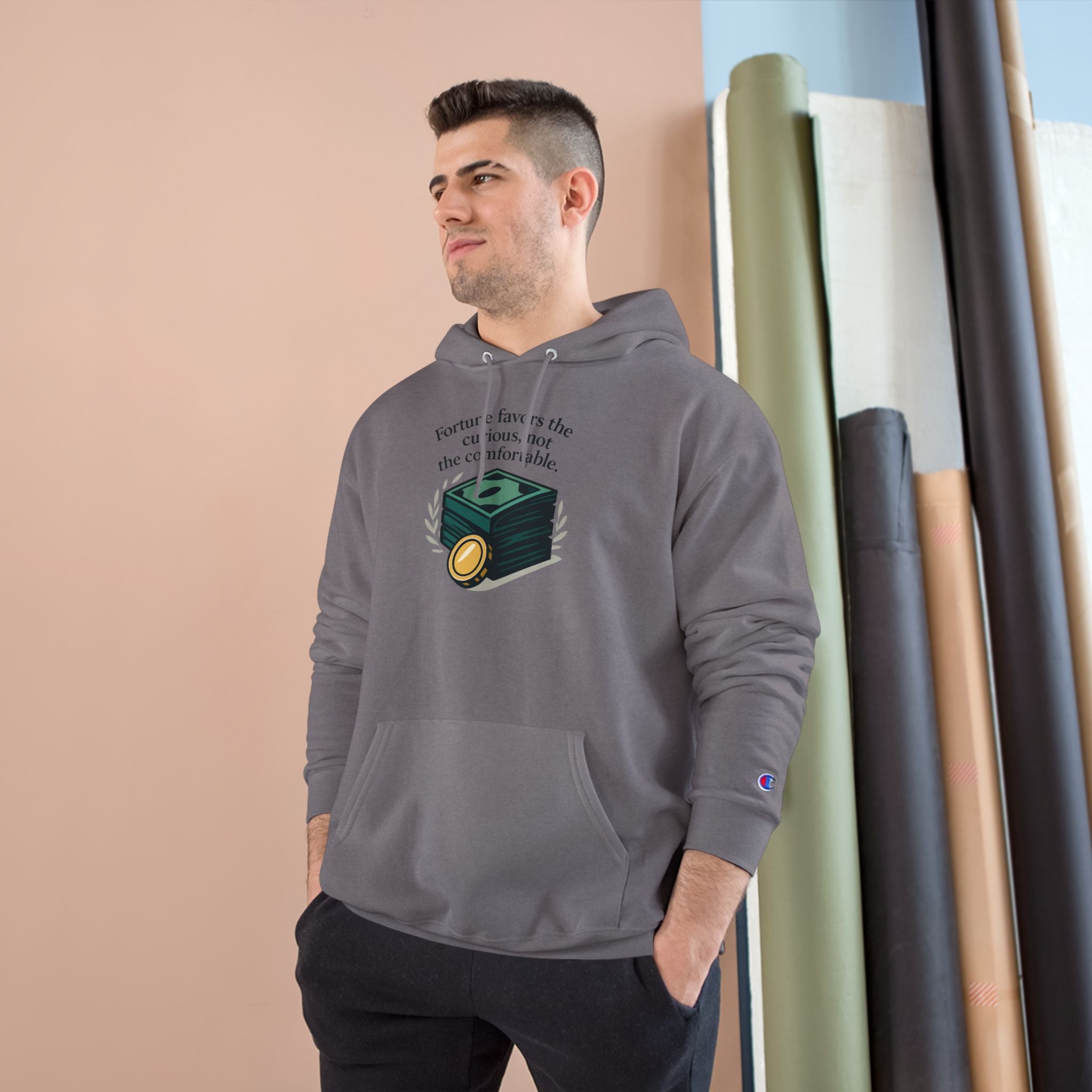 Champion Hoodie — "Fortune Favors the Curious, Not the Comfortable" Money Stack Graphic Hoodie