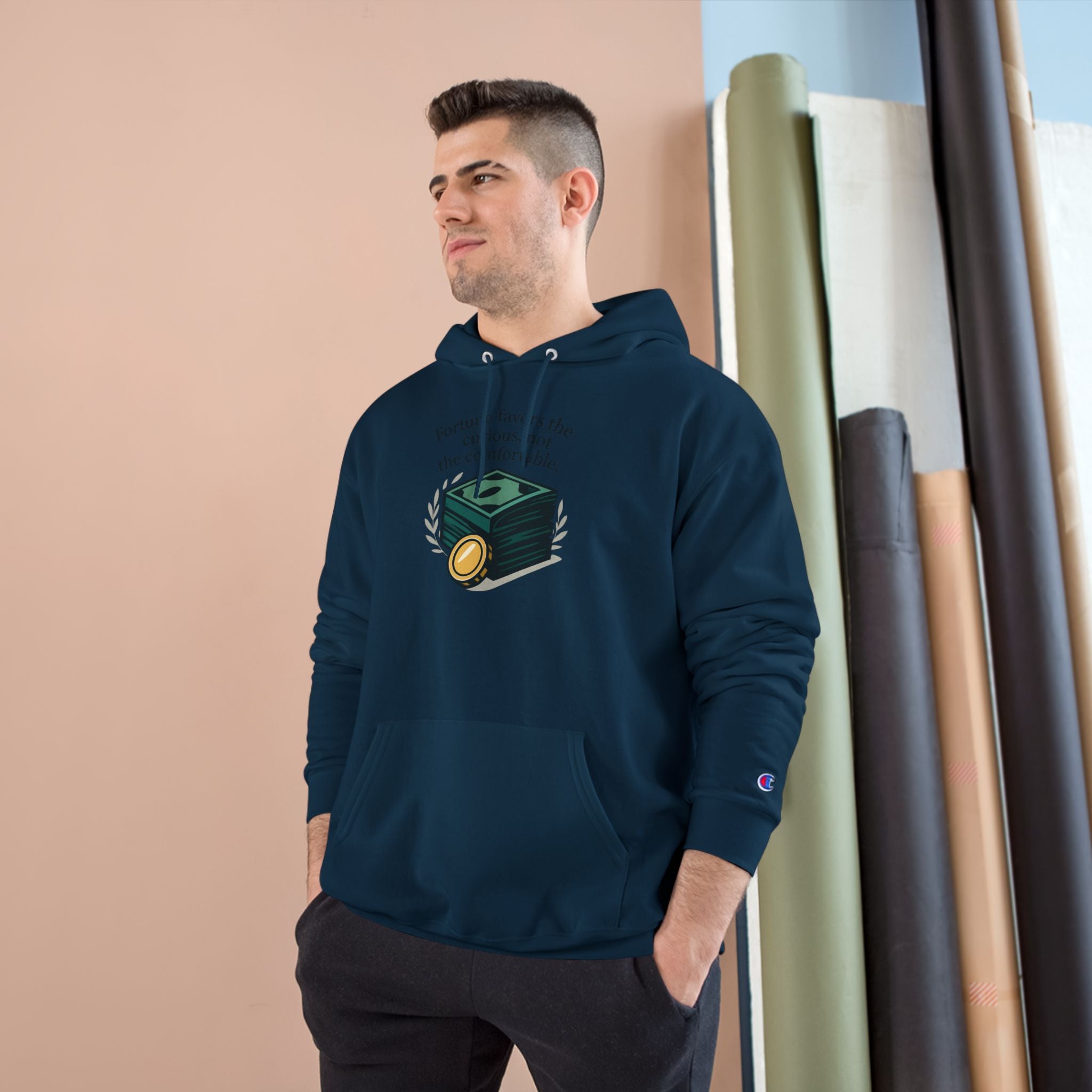 Champion Hoodie — "Fortune Favors the Curious, Not the Comfortable" Money Stack Graphic Hoodie