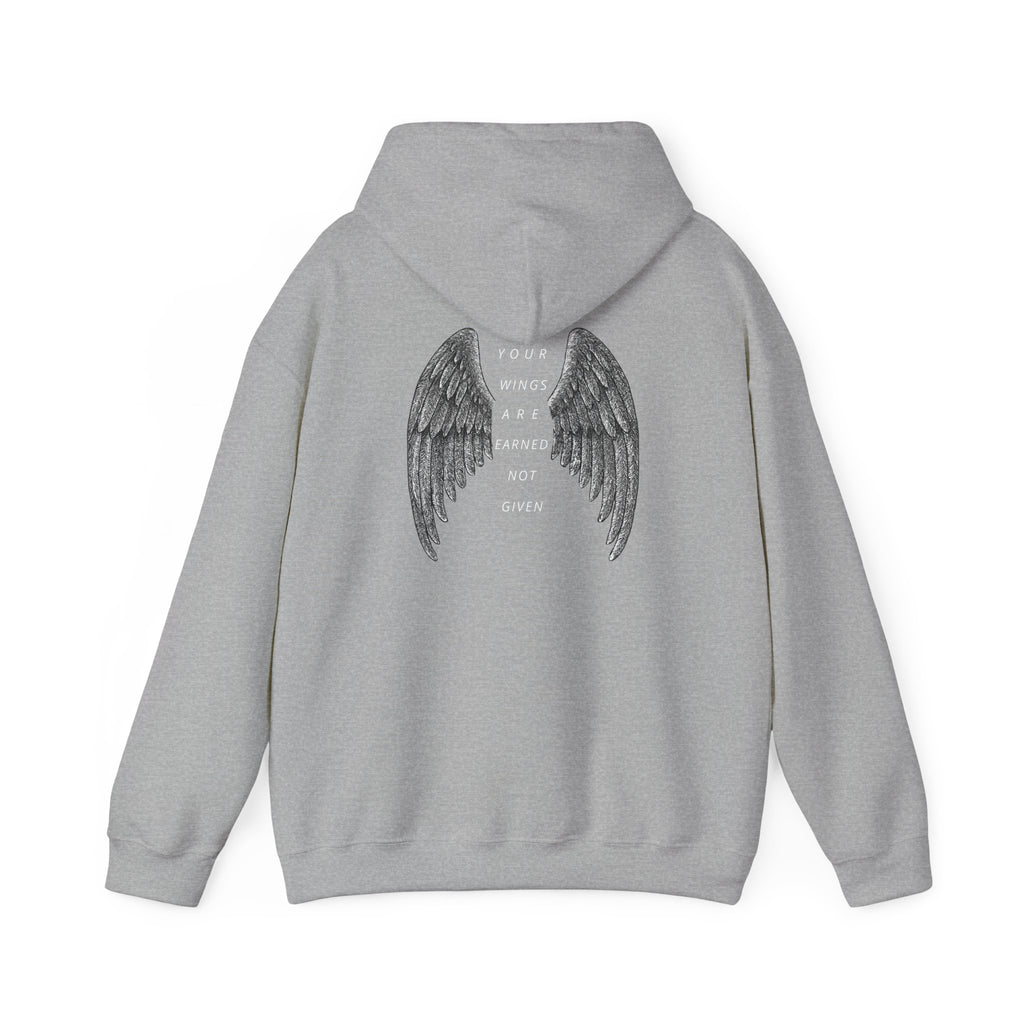 Angel Wings Hoodie — “Your Wings Are Earned Not Given” Graphic Hooded Sweatshirt