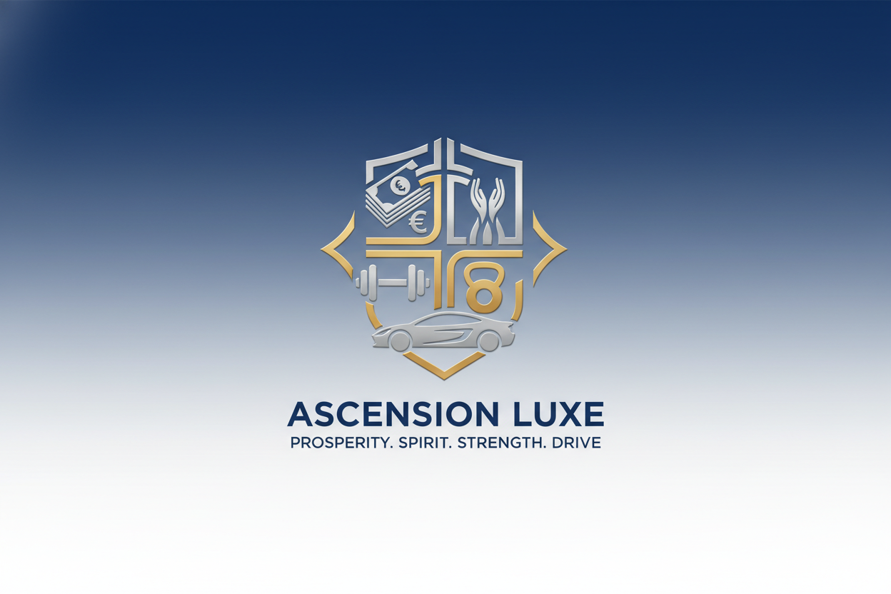 A image about my brand that combines money faith gym and cars with a clean modern blue royal and white background